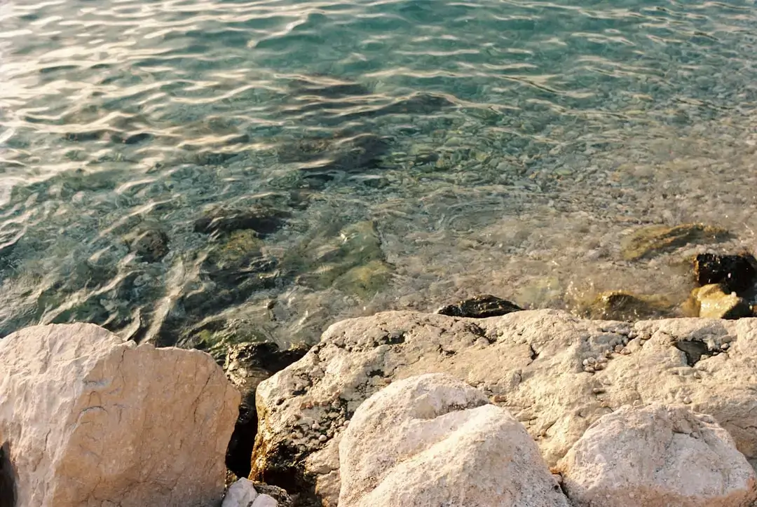 A breathtaking view of crystal clear turquoise water in the Adriatic Sea with visible seabed and sunlight reflections.