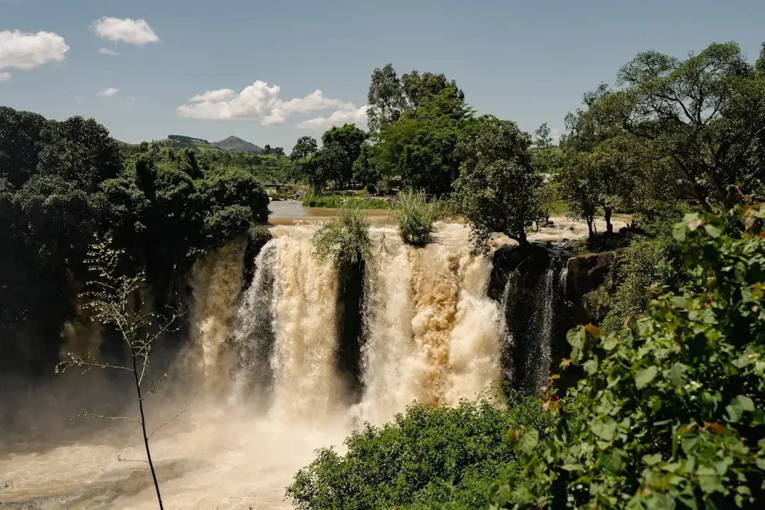 A breathtaking waterfall cascading down lush green cliffs in a tropical Madagascar landscape.