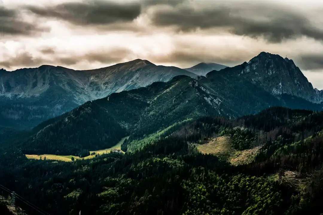 A scenic winding hiking trail leading up a rocky peak in the High Tatra Mountains under a blue sky.