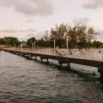 A long pier extends over the water towards trees.