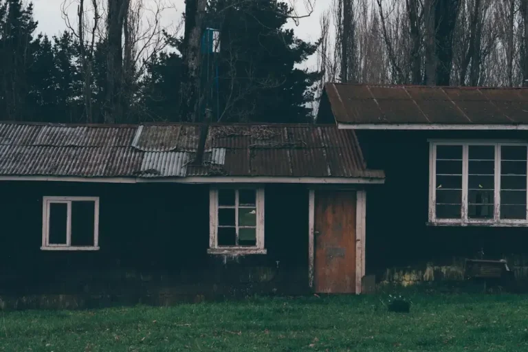 an old run down house with a rusty roof