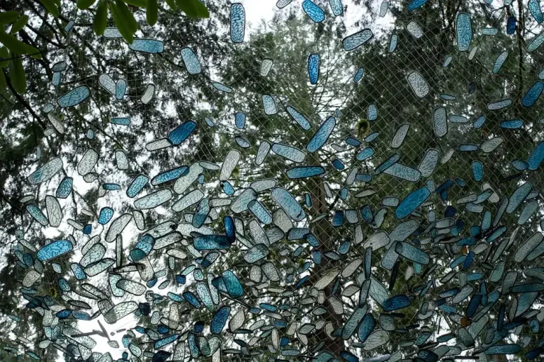 Blue and white objects hanging from tree branches