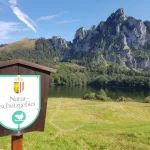 brown wooden signage on green grass field near lake and mountain during daytime