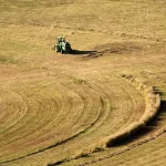 Tractor harvesting hay in a large field.